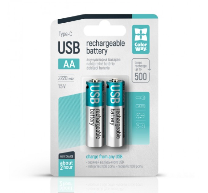 ColorWay Акумулятор ColorWay AA USB-С 2220 mAh 1.5V (2шт) (Li-Polymer) (CW-UBAA-10)