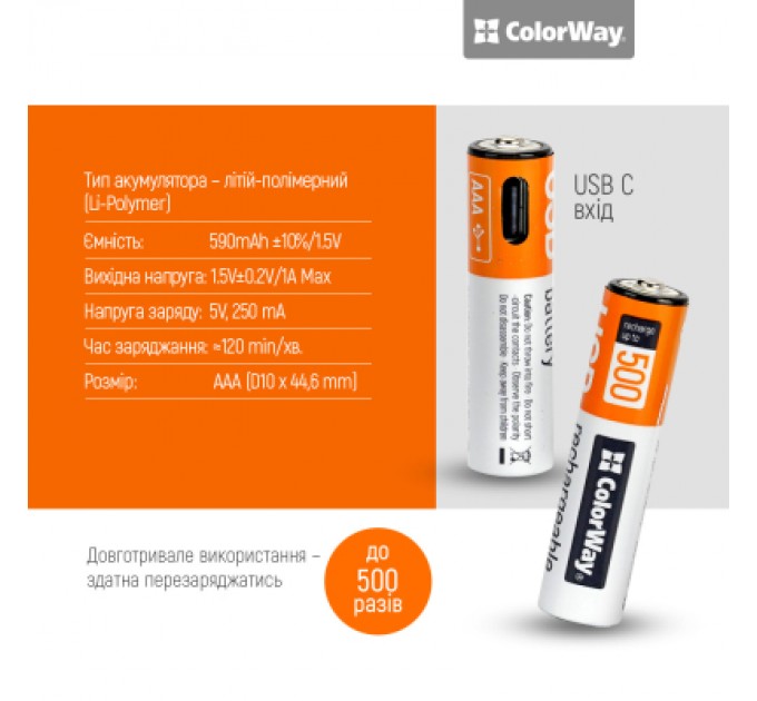 ColorWay Акумулятор ColorWay AAА USB-С 590 mAh 1.5V (2шт) (Li-Polymer) (CW-UBAAA-09)