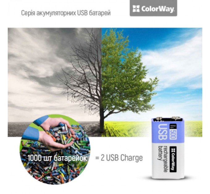 ColorWay Акумулятор Крона USB-С 390 mAh 9V (Li-Polymer) ColorWay (CW-UB9V-06)