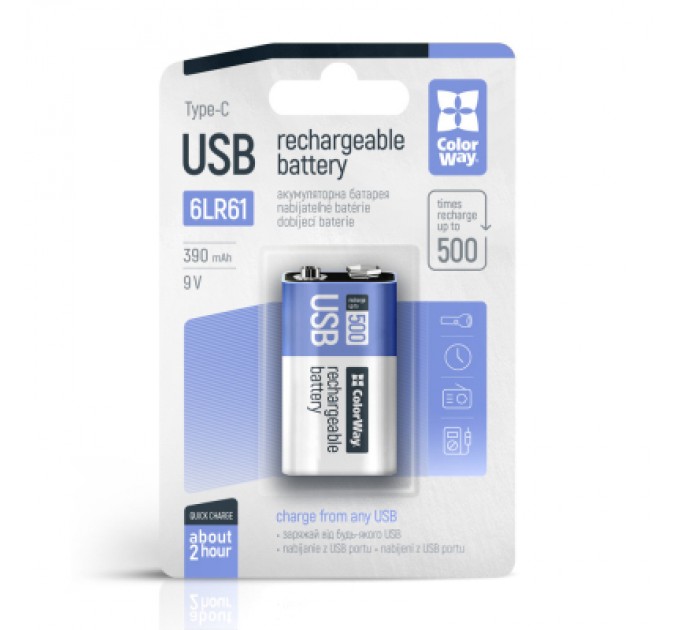 ColorWay Акумулятор Крона USB-С 390 mAh 9V (Li-Polymer) ColorWay (CW-UB9V-06)