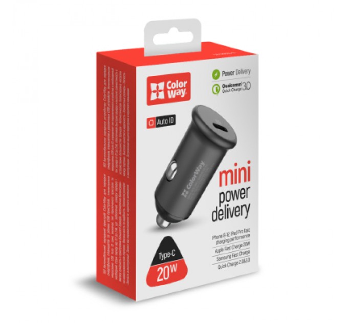 ColorWay Зарядний пристрій ColorWay 1USB Car ( PD USB Type-C (20W) Gray (CW-CHA028PD-GR)