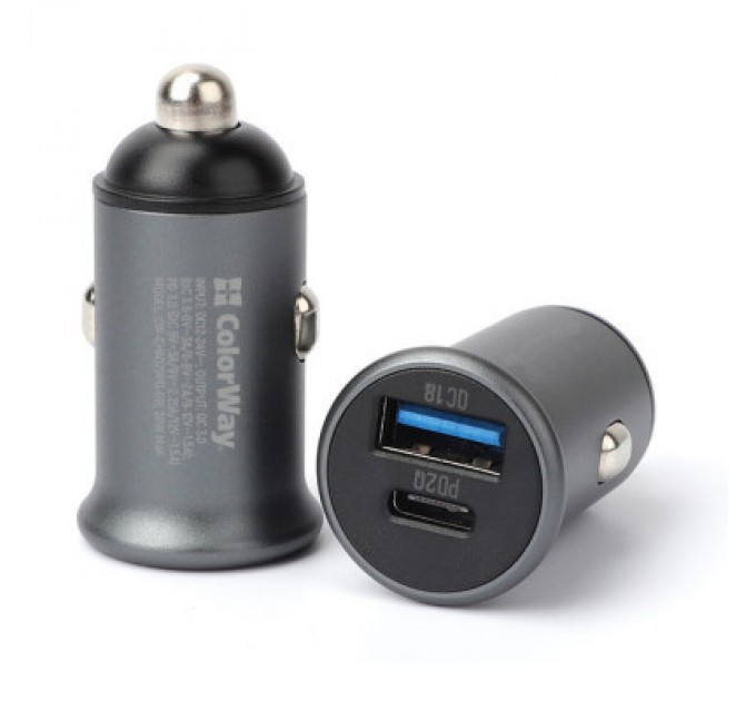 ColorWay Зарядний пристрій ColorWay 2USB Car (Type-C PD20W + USB QC3.0 ) (38W) Gray (CW-CHA029PD-GR)