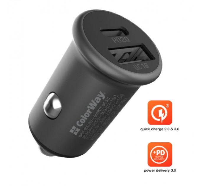 ColorWay Зарядний пристрій ColorWay 2USB Car (Type-C PD20W + USB QC3.0 ) (38W) Gray (CW-CHA029PD-GR)