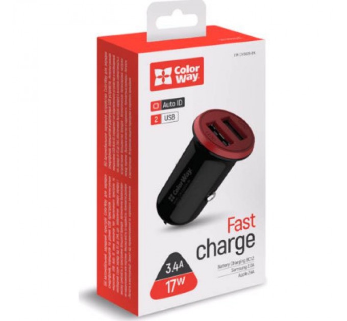 ColorWay Зарядний пристрій ColorWay 2USB AUTO ID 3.4A (17W) red/black (CW-CHA026-BK)
