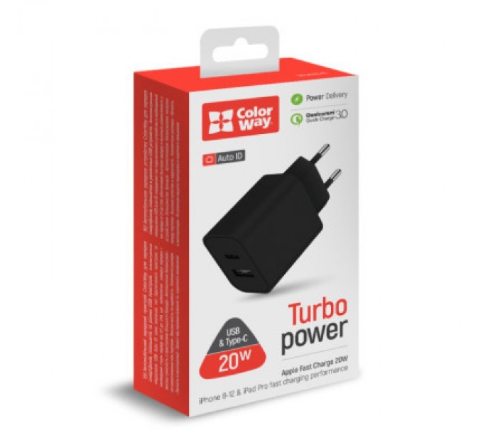 ColorWay Зарядний пристрій ColorWay Type-C PD + USB QC3.0 (20W) V2 black (CW-CHS025QPD-BK)