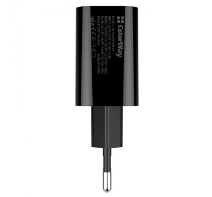 ColorWay Зарядний пристрій ColorWay Type-C PD + USB QC3.0 (20W) V2 black (CW-CHS025QPD-BK)