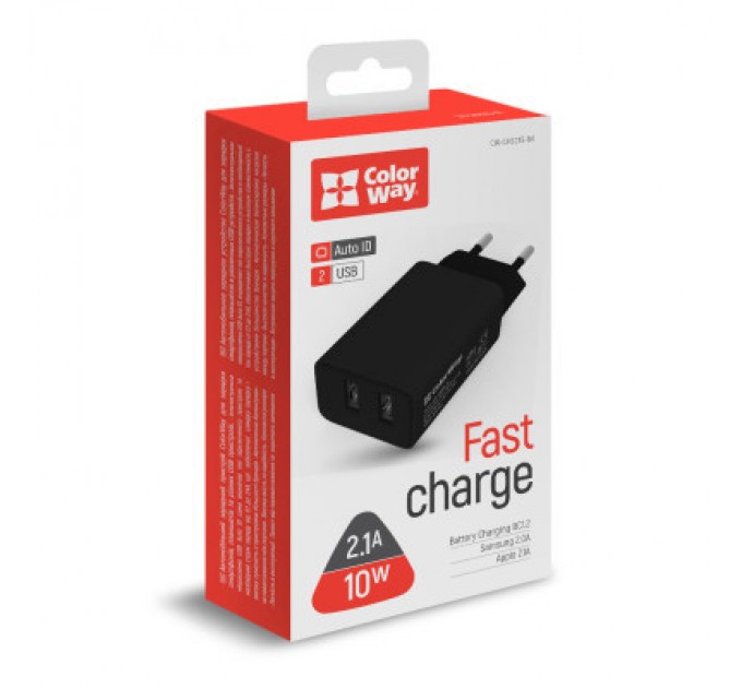 ColorWay Зарядний пристрій ColorWay 2USB AUTO ID 2.1A (10W) black (CW-CHS015-BK)