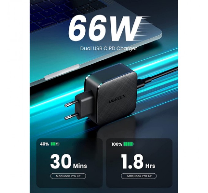 Зарядний пристрій Ugreen CD216 66W 2xType-C PD Charger (Black) (70867)
