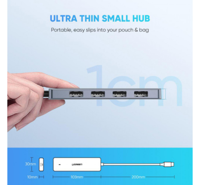 Концентратор Ugreen CM219 HUB Type-C to 4xUSB with USB-C Power Port (Gray) (70336)