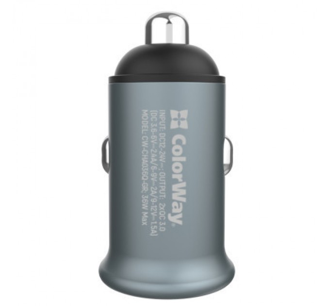 ColorWay Зарядний пристрій ColorWay 2USB Quick Charge 3.0 (36W) Gray (CW-CHA036Q-GR)