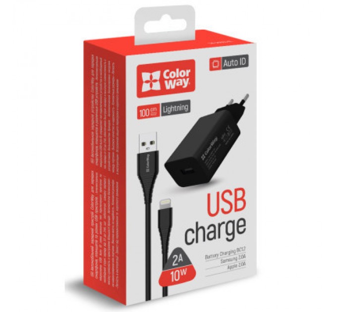 ColorWay Зарядний пристрій ColorWay 1USB AUTO ID 2A (10W) black + cable Lightning (CW-CHS012CL-BK)