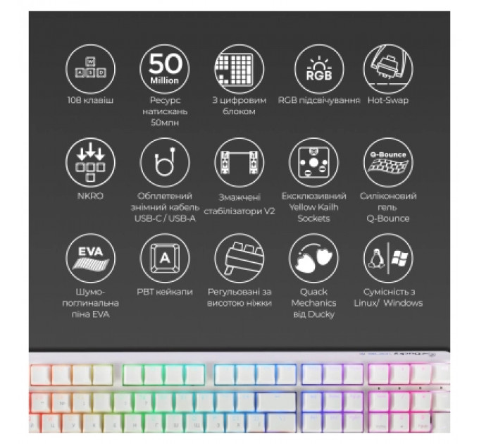 Клавіатура Ducky One 3 Cherry MX Blue RGB UA USB White (DKON2108ST-CUAPXPWWWSC1)