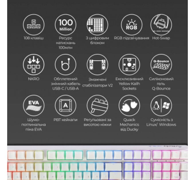 Клавіатура Ducky One 3 Cherry MX Brown RGB UA USB White (DKON2108ST-BUAPXPWWWSC1)