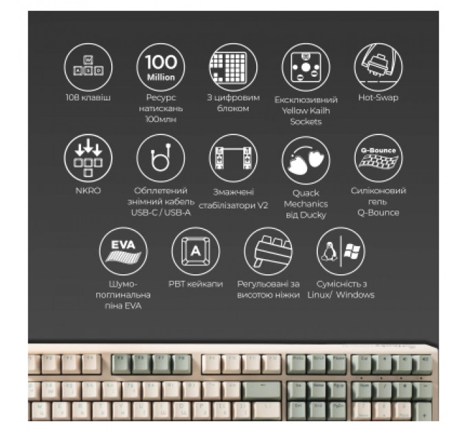 Клавіатура Ducky One 3 Cherry MX Silent Red UA USB Cream (DKON2108-SUAPXМAEGGC1)