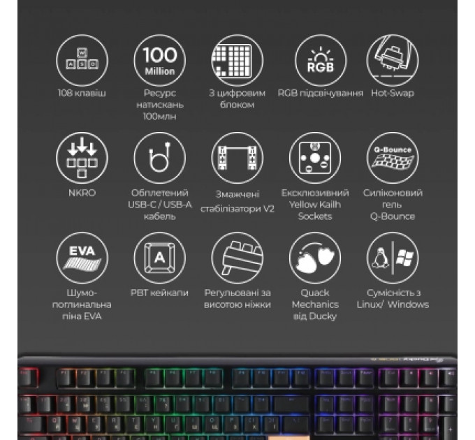 Клавіатура Ducky One 3 Cherry MX Silent Red RGB UA USB Black (DKON2108ST-SUAPXCLAWSC1)