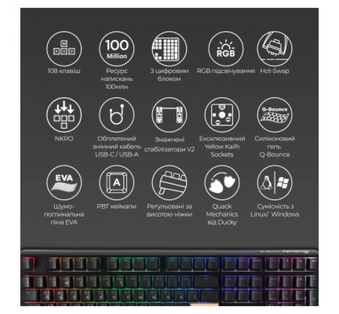 Клавіатура Ducky One 3 Cherry MX Speed Silver RGB UA USB Black (DKON2108ST-PUAPXCLAWSC1)