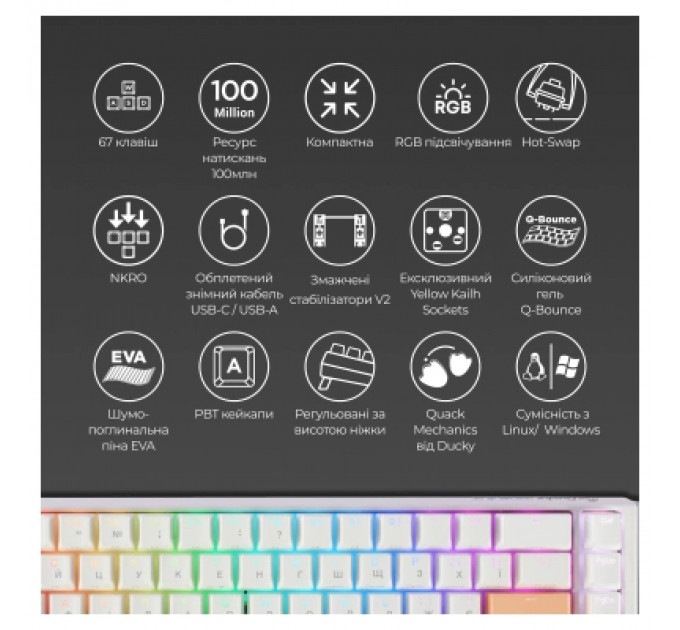 Клавіатура Ducky One 3 SF Cherry MX Brown RGB UA USB White (DKON2167ST-BUAPXPWWWSC1)