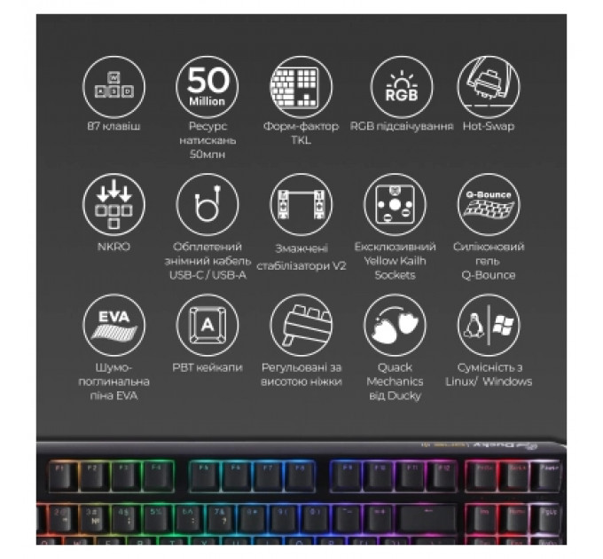 Клавіатура Ducky One 3 TKL Cherry MX Brown RGB UA USB Black (DKON2187ST-BUAPXCLAWSC1)