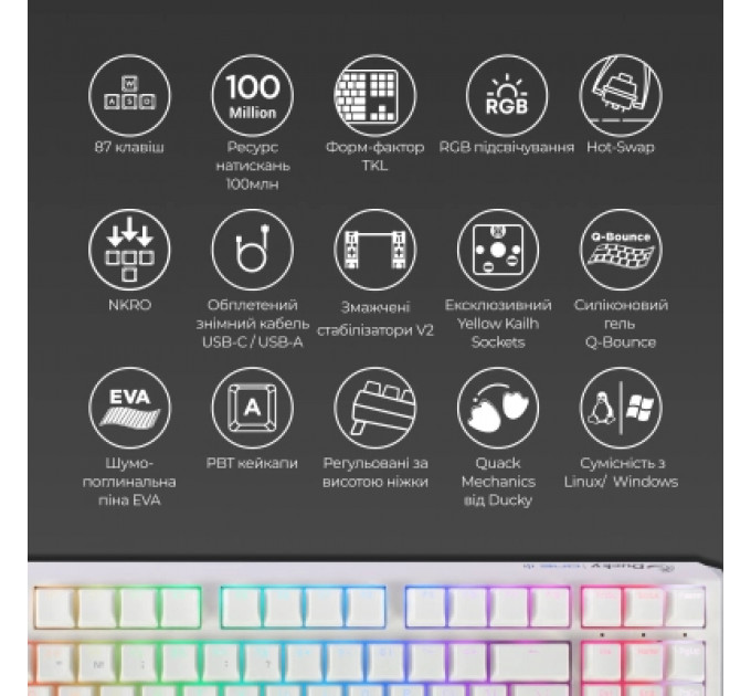 Клавіатура Ducky One 3 TKL Cherry MX Speed Silver RGB UA USB White (DKON2187ST-PUAPXPWWWSC1)