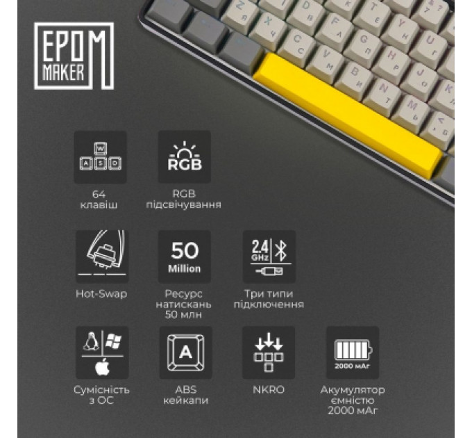 Клавіатура Epomaker EP64 60 Mulan Switch Hot-Swap RGB Wireless/Bluetooth/USB UA Black (EP64-B-M)
