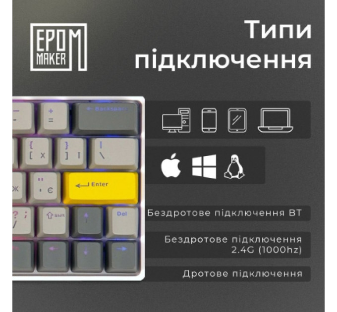 Клавіатура Epomaker EP64 60 Mulan Switch Hot-Swap RGB Wireless/Bluetooth/USB UA White (EP64-W-M)