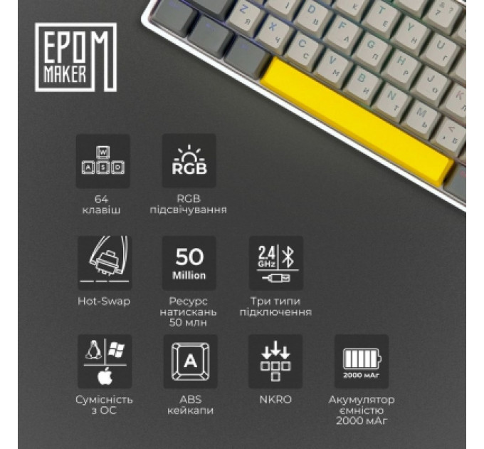 Клавіатура Epomaker EP64 60 Mulan Switch Hot-Swap RGB Wireless/Bluetooth/USB UA White (EP64-W-M)