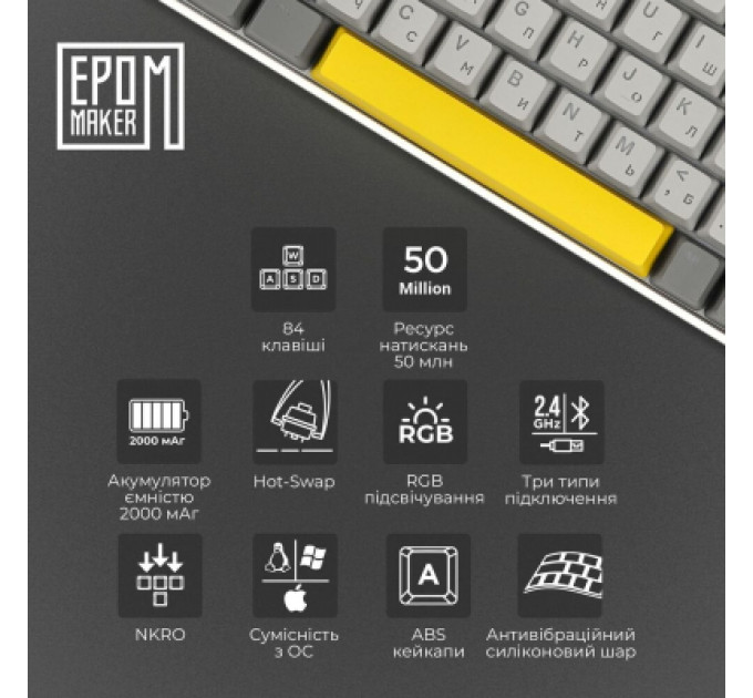 Клавіатура Epomaker EP84 Plus 75 Wisteria Linear Switch Hot-Swap RGB Wireless/Bluetooth/USB UA White (EP84-W-WL)