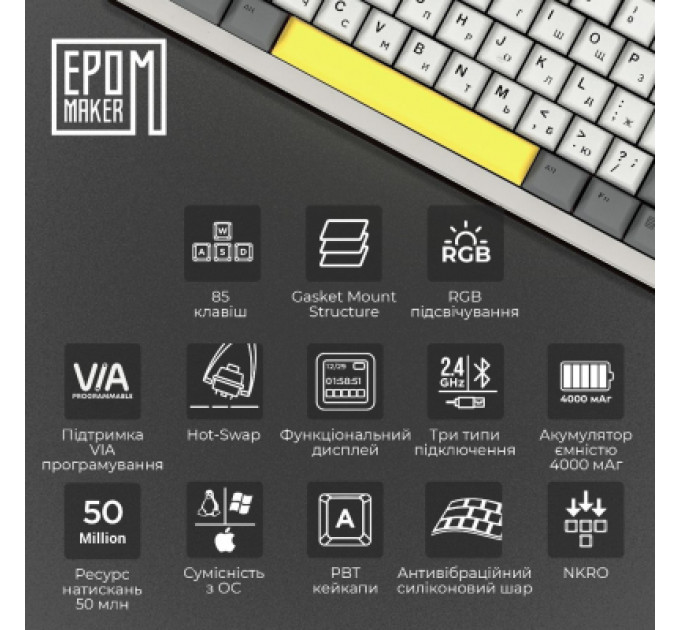 Клавіатура Epomaker Shadow-S TKL Mulan Switch Hot-Swap LCD Screen RGB Wireless/Bluetooth/USB UA White (SHS-W-M)