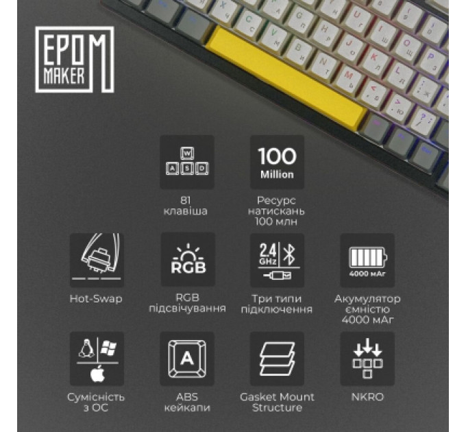 Клавіатура Epomaker TH80 SE 75 Flamingo Switch Hot-Swap RGB Wireless/Bluetooth/USB UA Black (TH80-SE-B-F)