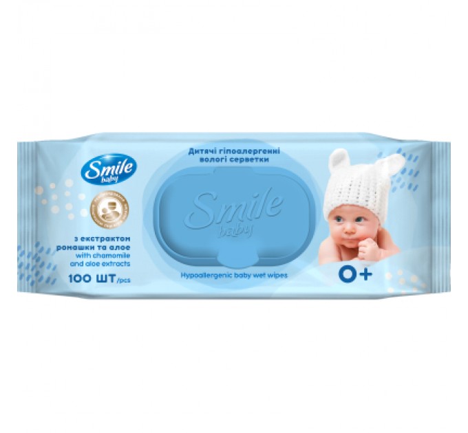 Smile baby Дитячі вологі серветки Smile baby з екстрактом ромашки, алое і вітамінним комплексом з клапаном 100 шт (4823071653960)