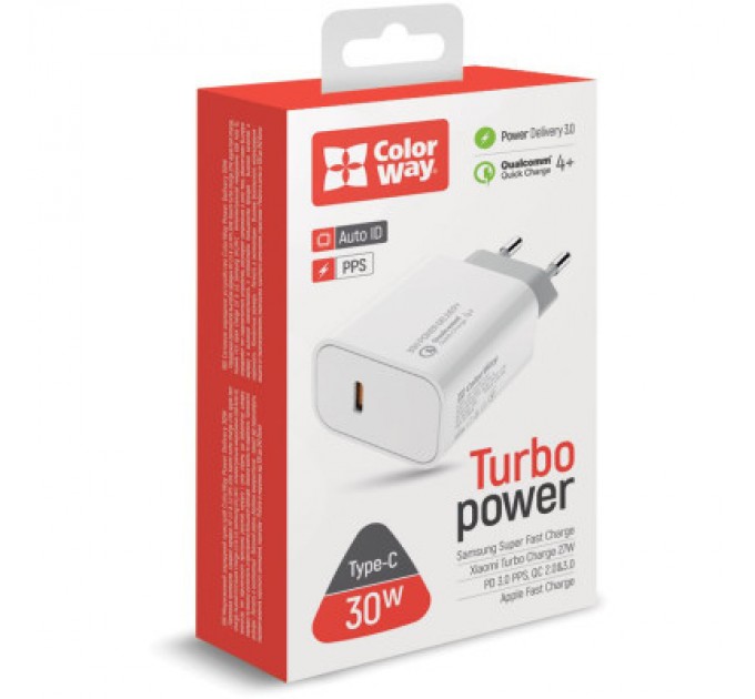 Зарядний пристрій ColorWay PD Port PPS USB Type-C (30W) white (CW-CHS038PD-WT)