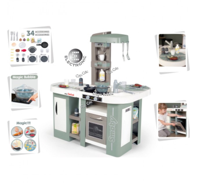 Smoby Ігровий набір Smoby Велика інтерактивна кухня Тефаль Студіо з ефектом кипіння 34 аксесуари М'ятно-сіра з білим (311053)