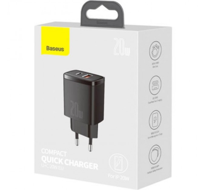 Baseus Зарядний пристрій Baseus Compact Quick Charger U+C 20W EU Black (CCXJ-B01)