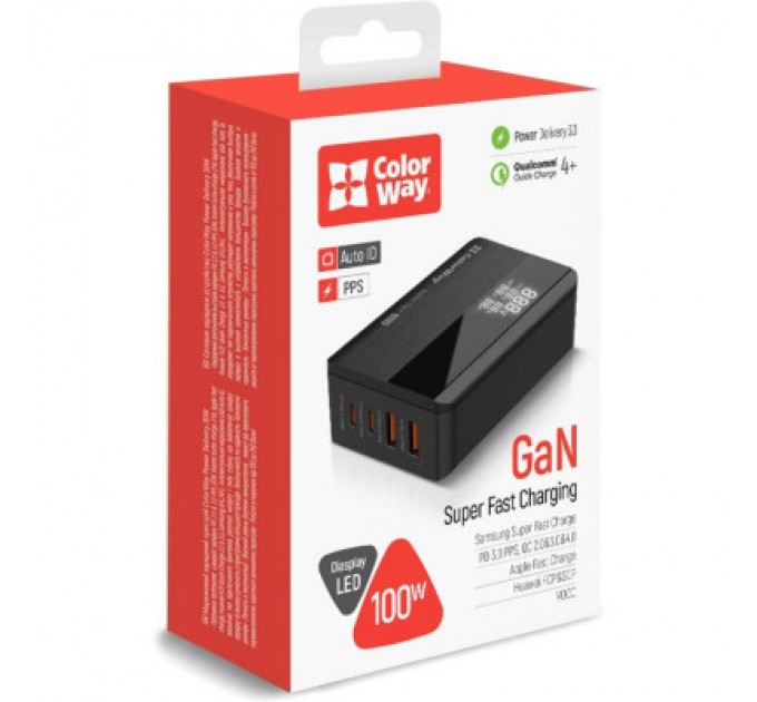 ColorWay Зарядний пристрій ColorWay Power Delivery GaN (2USB-A + 2USB TYPE-C) (100W) black (CW-CHS041PD-BK)