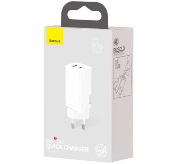 Baseus Зарядний пристрій Baseus 2xUSB 65W GaN (USB-C+USB-A) white (CCGAN2L-B02)