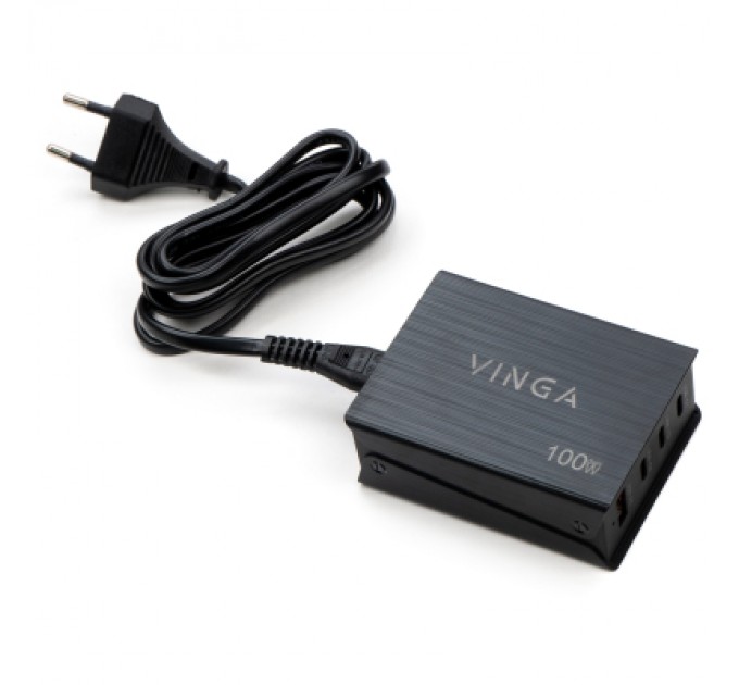 Зарядний пристрій Vinga GaN 100W PD+QC 3C1A ports 1.2m Wired Charger (VCPCH100CB)