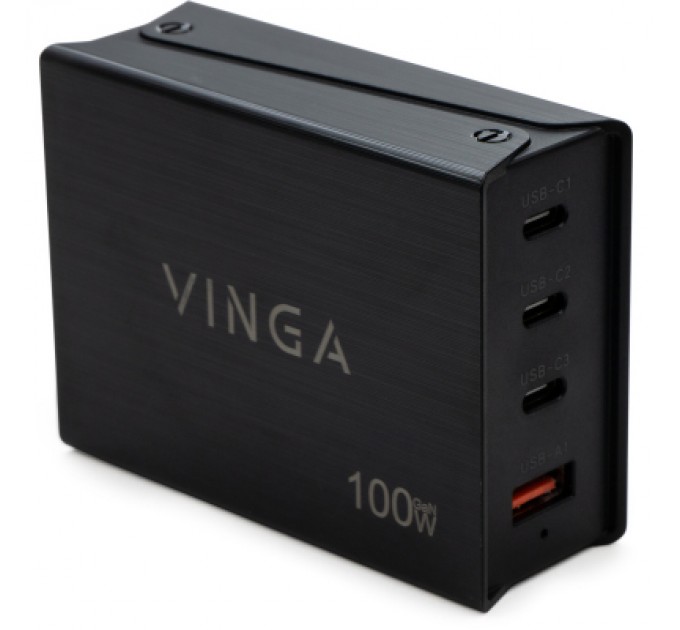 Зарядний пристрій Vinga GaN 100W PD+QC 3C1A ports 1.2m Wired Charger (VCPCH100CB)