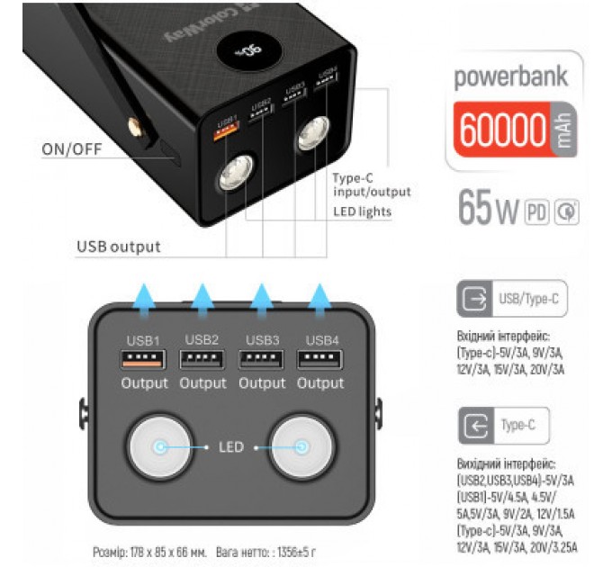 Батарея універсальна ColorWay 60 000 mAh Powerful PD/65W, QC/4.0, AFC, FCP, Black (CW-PB600LPA5BK-PDD)