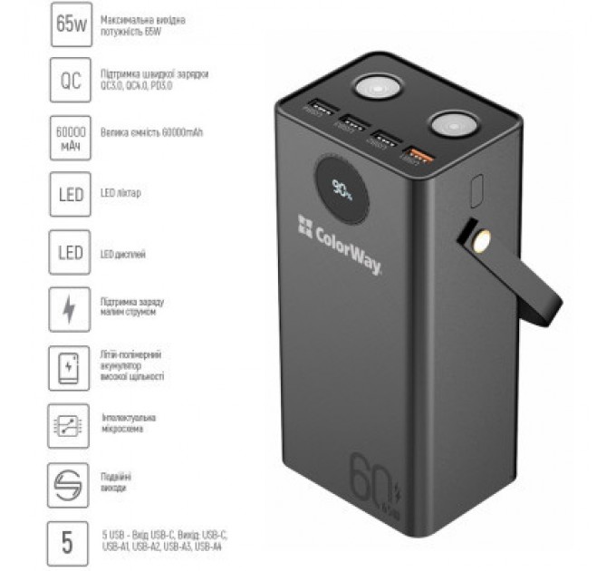 Батарея універсальна ColorWay 60 000 mAh Powerful PD/65W, QC/4.0, AFC, FCP, Black (CW-PB600LPA5BK-PDD)