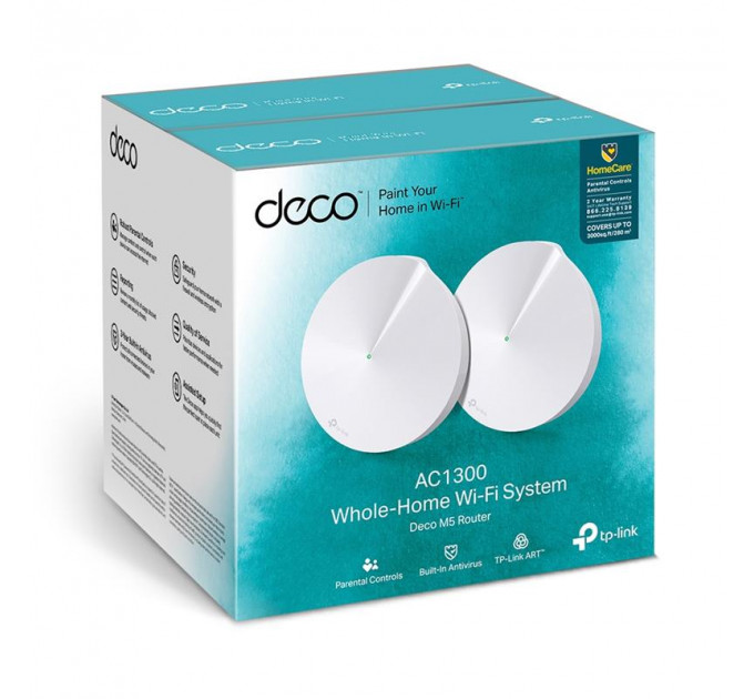 WiFi Mesh система TP-Link Deco M5 2-pack (AC1300, 2xGE LAN/WAN, Bluetooth, MESH, MU-MIMO, 4 антенны, 2-pack)