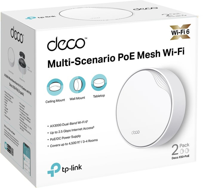 WiFi Mesh система TP-Link Deco X50-PoE(2-pack); AX3000, 1x2.5 GE WAN/LAN, 1xGE WAN/LAN
