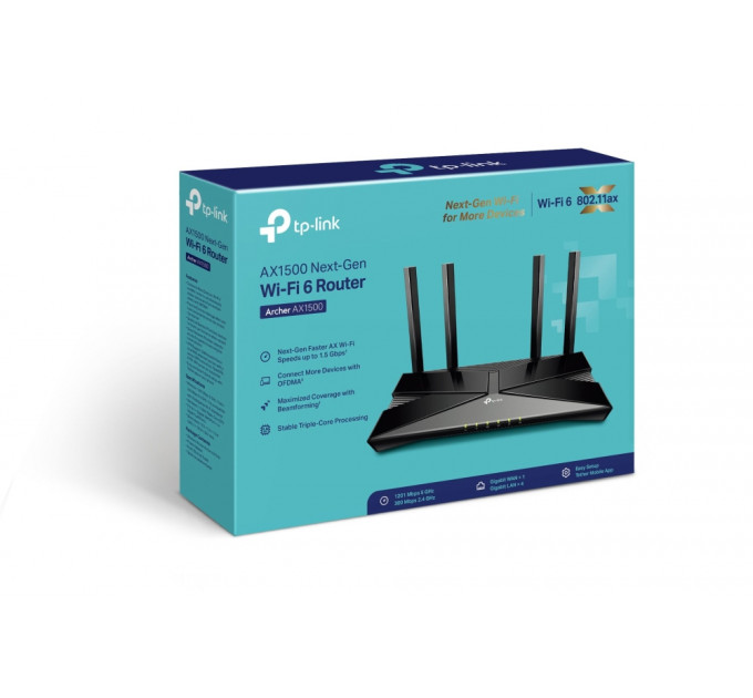 Беспроводной маршрутизатор TP-Link Archer AX1500 (AX1500, Wi-Fi 6, 1хGE WAN, 4хGE LAN, MU-MIMO, Beamforming, 4 антенны внешних)