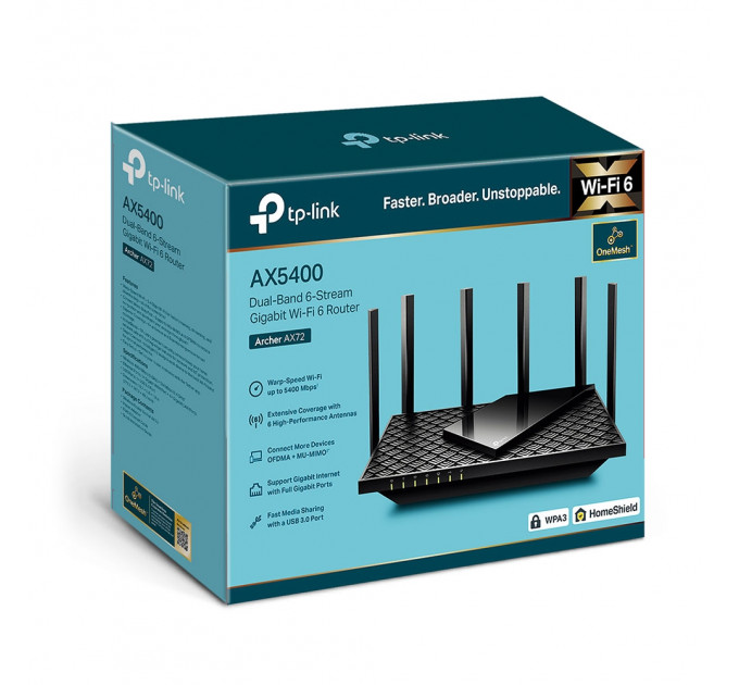 Беспроводной маршрутизатор TP-Link Archer AX72 (AX5400 Wi-Fi6, 1xGE WAN, 4xGE LAN, 1xUSB 3.0, MU-MIMO, OFDMA, DFS)