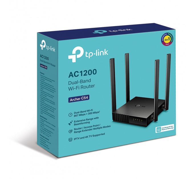 Беспроводной маршрутизатор TP-Link ARCHER C54 (AC1200, 1хFE WAN, 4хFE LAN, Beamforming, APP Tether, 4 внешние антенны)