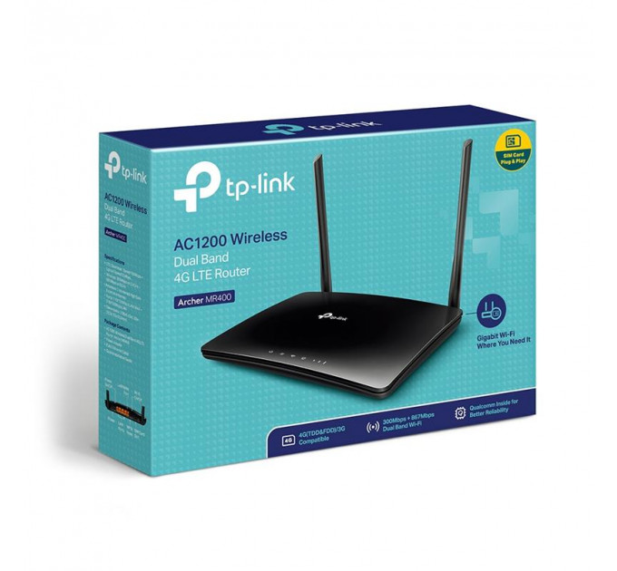 Беспроводной маршрутизатор TP-Link Archer MR400 (AC1200, 1xFE WAN, 3xFE LAN, 1xSimCardSlot, 2 антенны LTE)