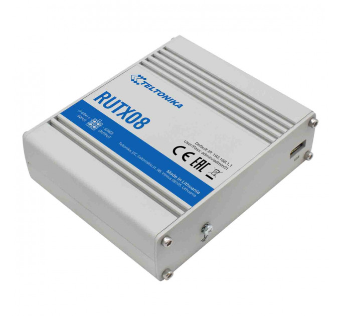 Маршрутизатор Teltonika RUTX08 (RUTX08000000) (industrial, 1xGE WAN, 3xGE LAN, USB, MODBUS, 4 pin DC, IP30, ALU Case, RMS, CLI, IoT, монтаж DIN rail)