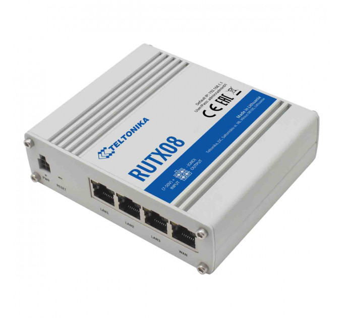 Маршрутизатор Teltonika RUTX08 (RUTX08000000) (industrial, 1xGE WAN, 3xGE LAN, USB, MODBUS, 4 pin DC, IP30, ALU Case, RMS, CLI, IoT, монтаж DIN rail)