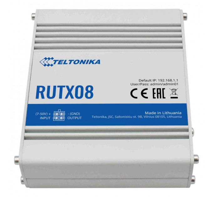 Маршрутизатор Teltonika RUTX08 (RUTX08000000) (industrial, 1xGE WAN, 3xGE LAN, USB, MODBUS, 4 pin DC, IP30, ALU Case, RMS, CLI, IoT, монтаж DIN rail)