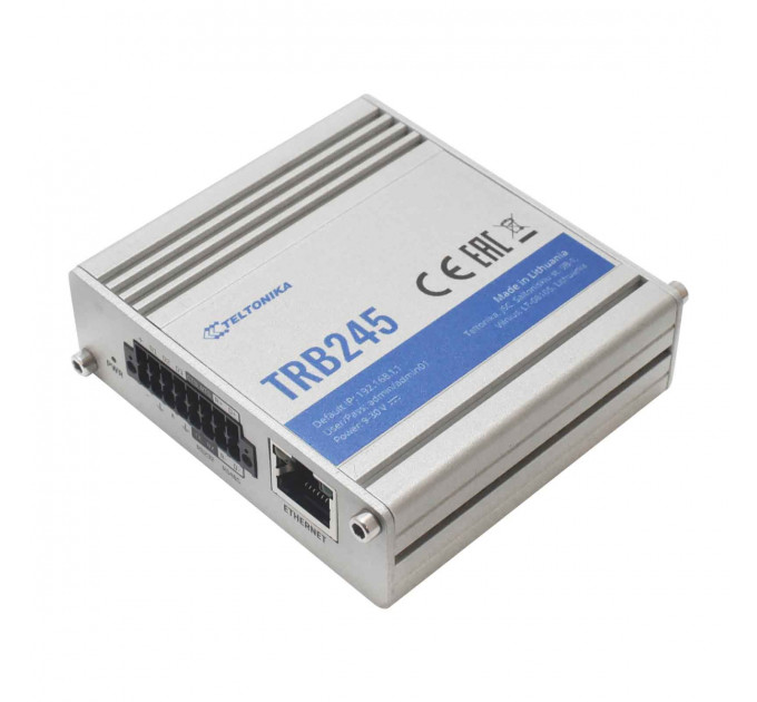 Маршрутизатор Teltonika TRB245 (TRB245000000) (industrial, 1xFE LAN, 2xSIM, 4G/LTE.Cat4, GPS, RS232/RS485, MODBUS, 16 pin, IP30, ALU Case, RMS, CLI, IoT, монтаж DIN rail, 1xSMA для LTE, 1xSMA для GPS)