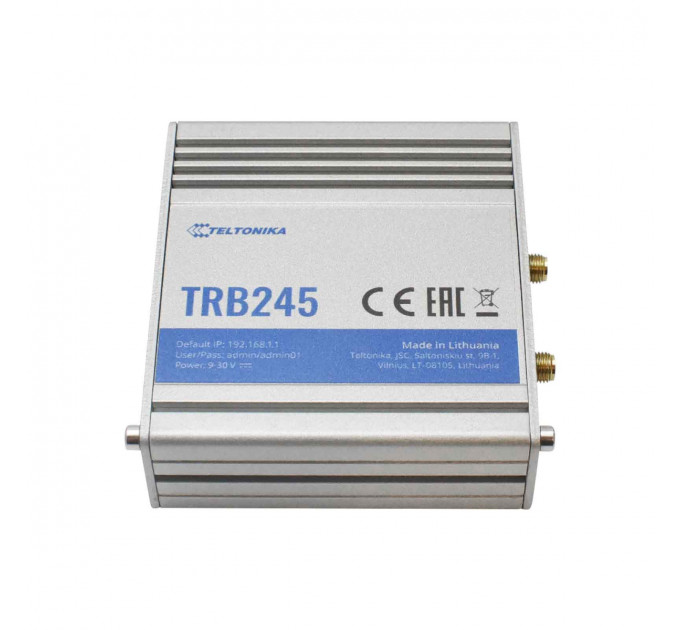 Маршрутизатор Teltonika TRB245 (TRB245000000) (industrial, 1xFE LAN, 2xSIM, 4G/LTE.Cat4, GPS, RS232/RS485, MODBUS, 16 pin, IP30, ALU Case, RMS, CLI, IoT, монтаж DIN rail, 1xSMA для LTE, 1xSMA для GPS)